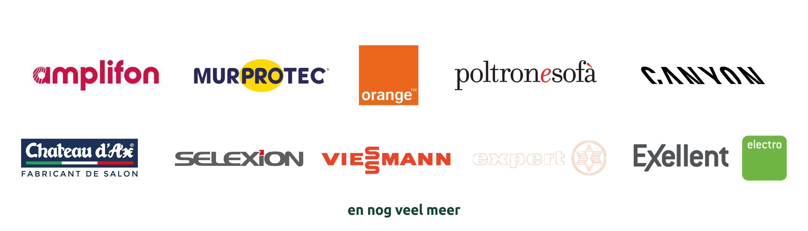 Afbeelding met de logo's van de partners amplifon, Murprotec, Orange, Poltronesofa, Canyon, Selexion, Viesmann, expert, Excellent electro, Chateau d'Ax