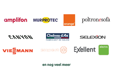 Afbeelding met de logo's van de partners amplifon, Murprotec, Orange, Poltronesofa, Canyon, Selexion, Viesmann, expert, Excellent electro, Chateau d'Ax